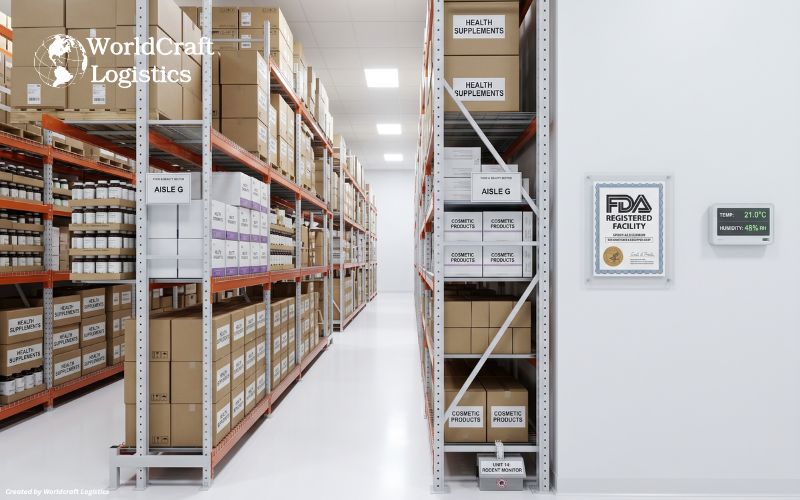 FDA-registered food and beauty product storage area inside a compliant warehouse in Cerritos California
