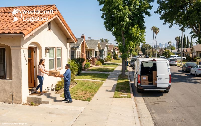 Last-mile e-commerce delivery in Los Angeles neighborhood served by fulfillment center in Cerritos CA