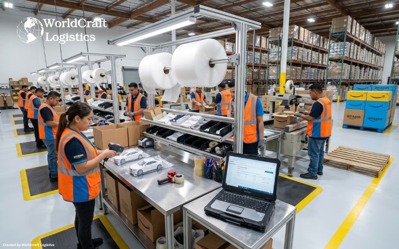 Amazon FBA prep center operations inside a Cerritos California warehouse with workers labeling and packing inventory