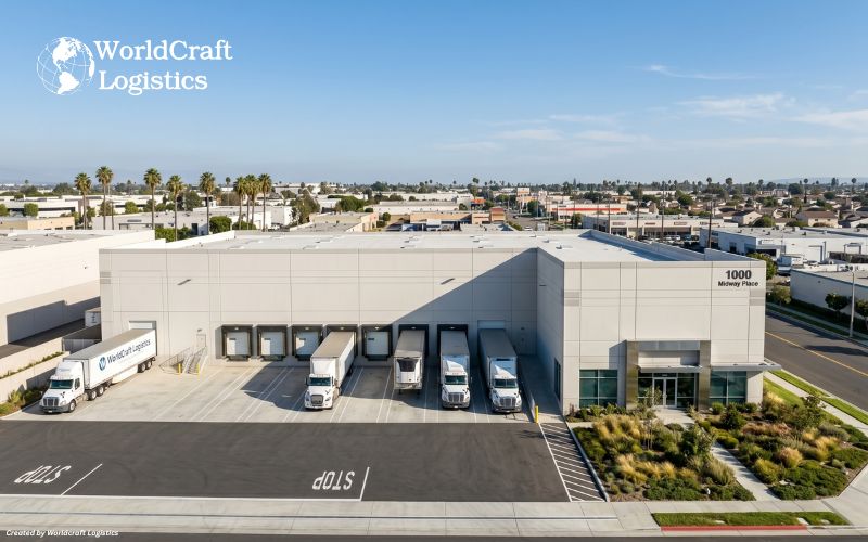 Cross-docking and transloading operation at a port-adjacent warehouse in Cerritos California transferring ocean containers to domestic trailers