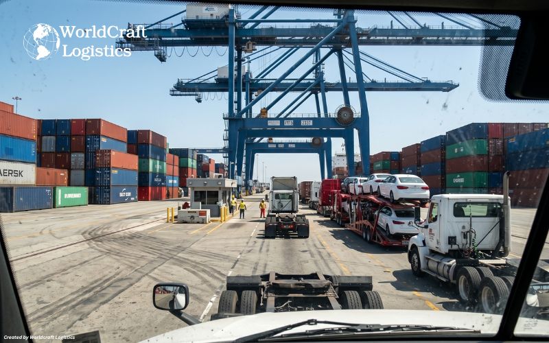 Drayage truck at Port of Los Angeles container terminal gate, 22 miles from Cerritos CA warehousing hub