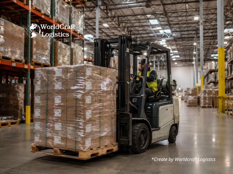 Warehouse space for rent in Ontario California interior with forklift operations and pallet storage.jpg